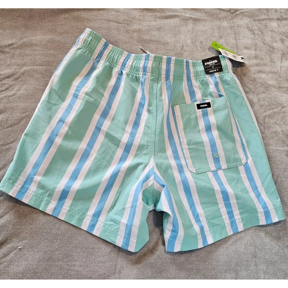 Tilly's RSQ Swim Shorts Men's Small No Lining Green Blue White Retro Stripe NWT